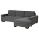 Grey modern l-shaped sofa with dark wood legs, minimalist style, offers seating and storage.