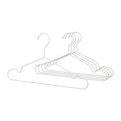 Five white plastic hangers, stacked neatly, designed for hanging clothes with grooves to hold straps; ideal for indoor and outdoor use.