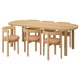 Oval oak dining set, six chairs with peach leather seats, scandinavian design.