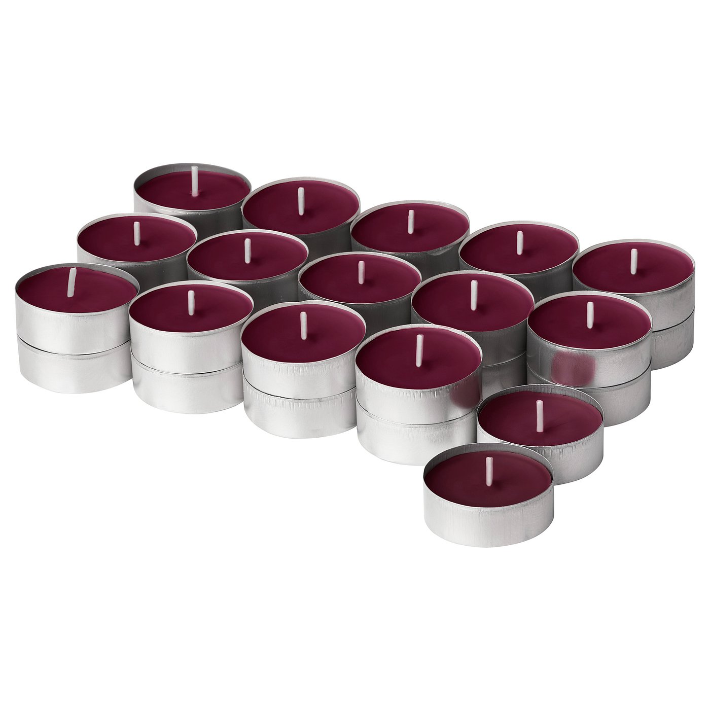 Set of 16 burgundy candles in silver holders, varied shapes, home decor.