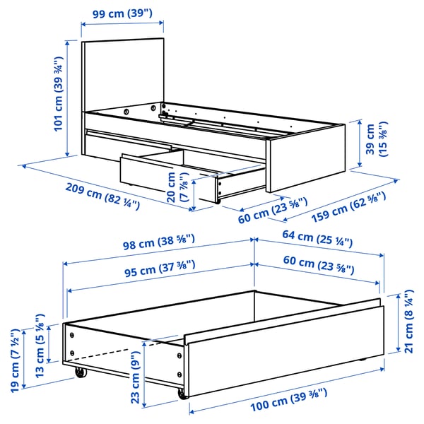STORKLINTA Bed frame with 2 storage boxes, white, 90x200 cm