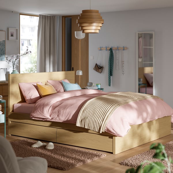 STORKLINTA Bed frame with 4 storage boxes, oak effect/Leirsund, 140x200 cm