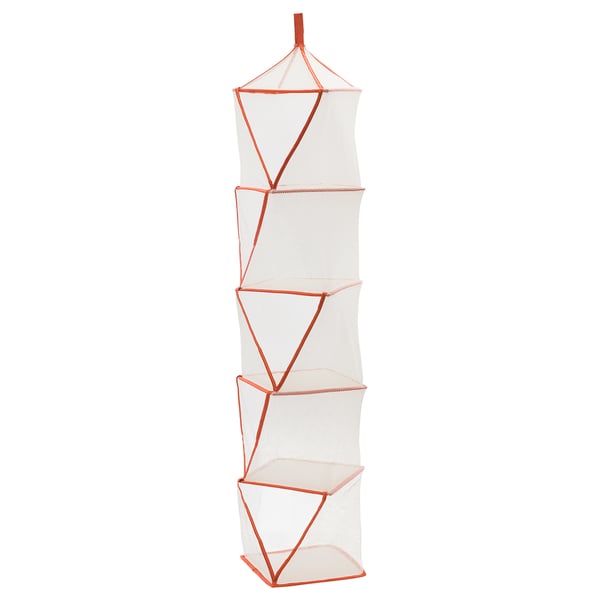 A TIGERFINK orange hanging storage organiser, with mesh pockets for space-saving.