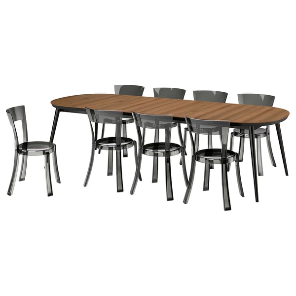 TJÄRKIL / STEIN Table and 8 chairs, black walnut veneer/grey black, 180/235/290 cm