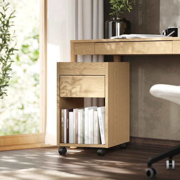 Wooden desk organiser with drawers, open shelves, fits under desk, holds books, natural light.