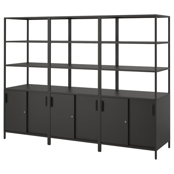 A black TROTTEN shelving unit with metal frames and closed cabinets.