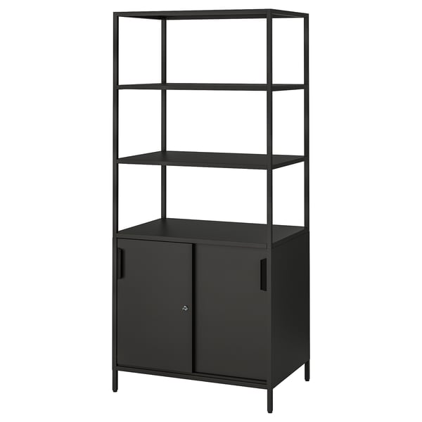Black ikea TROTTEN storage cabinet with open & closed sections.