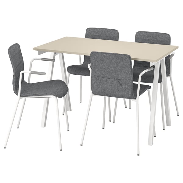 Modern dining set with light wooden table and four grey chairs with white metal legs.