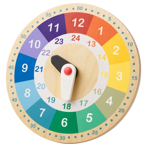 Colourful wooden 24hr clock with multi-colored segments, used for education.