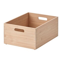 A rectangular bamboo storage box with two handles, suitable for organising kitchen utensils or small items, in a natural wood colour.