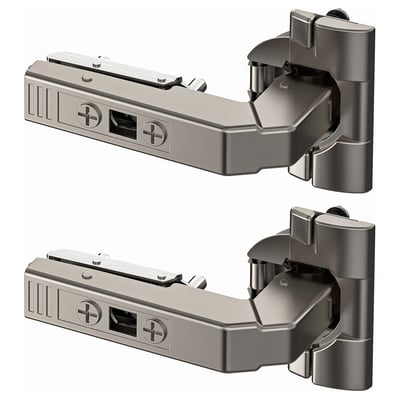 Image shows UTRUSTA nickel-plated steel hinges, adjustable for kitchen cabinets, sleek and modern design.