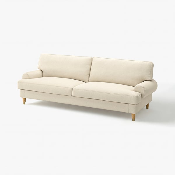 VALNÄS: beige 3-seat sofa, classic design. Rounded arms, brass feet, lightweight oak.