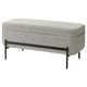 A grey tweed VALTORP bench with a black metal frame and gas-lifted seat for easy storage access.