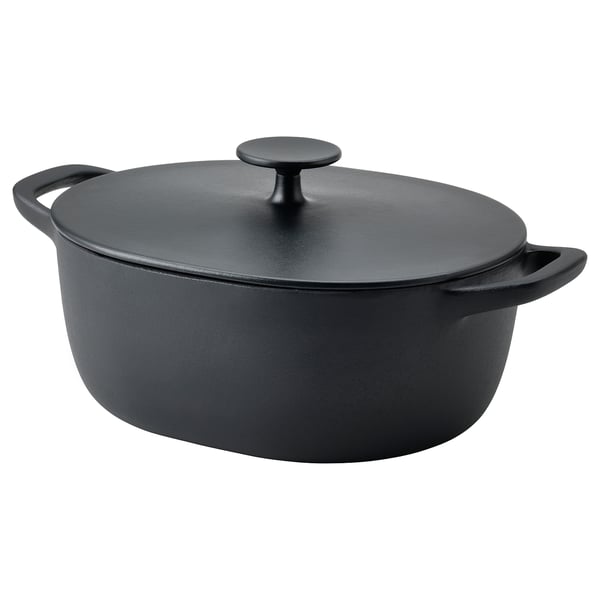 Black VARDAGEN cast iron casserole with lid and handles, perfect for even heat and slow-cooking.