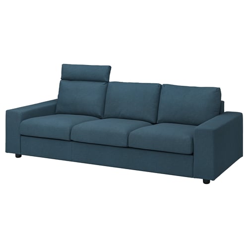 Blue 3-seat sofa, modern design, soft fabric, headrest, comfy shape.