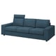 Blue 3-seat sofa, modern design, soft fabric, headrest, comfy shape.