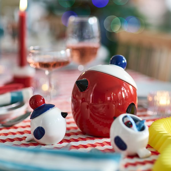 VINTERFINT Bowl with lid, bird red, 13.5 cm