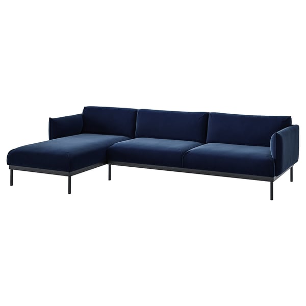 ÄPPLARYD navy blue sectional sofa, modern design with dark velvet, l-shaped, slim metal legs.