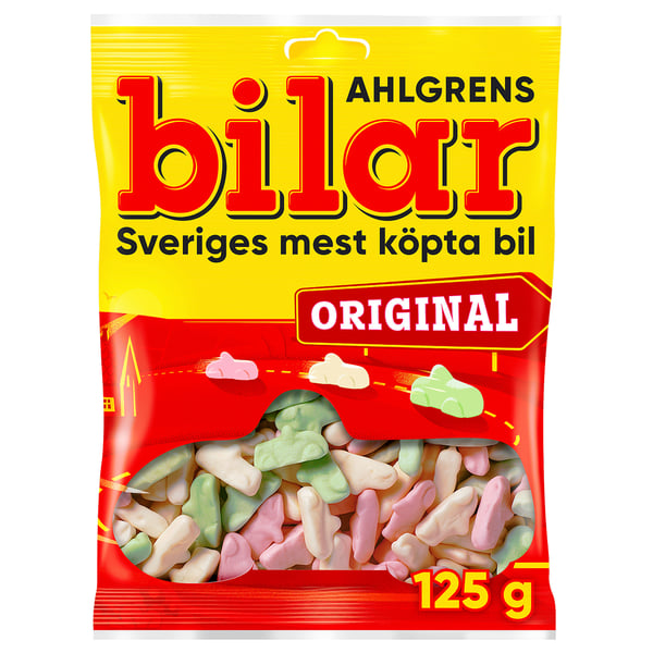 Package of AHLGRENS BILAR, swedish candy cars, in original flavour. 125 grammes.