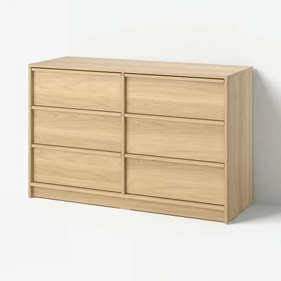 Light oak chest of drawers with six drawers, sleek design, integrated handles. Ideal for bedroom storage.