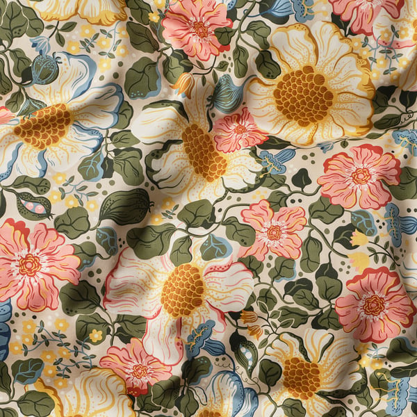 Floral pillowcase, sateen-woven cotton/lyocell, intricate soft design on beige.
