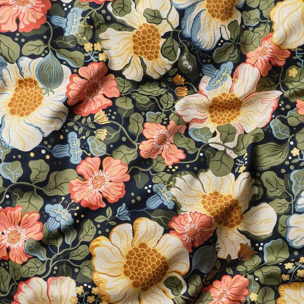 Floral pattern pillowcase, high-quality cotton/lyocell blend, silky sheen, dark blue background with vibrant flowers.