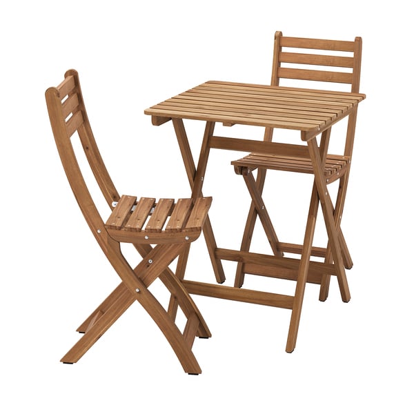 Wooden outdoor dining set with table and two folding chairs, light brown, rectangular, simple design.
