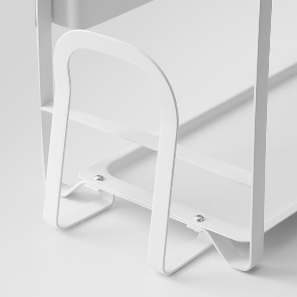 Modern white 2-tier kitchen organiser with sturdy metal frame and anti-slip feet. Ideal for spices, jars, and knives.