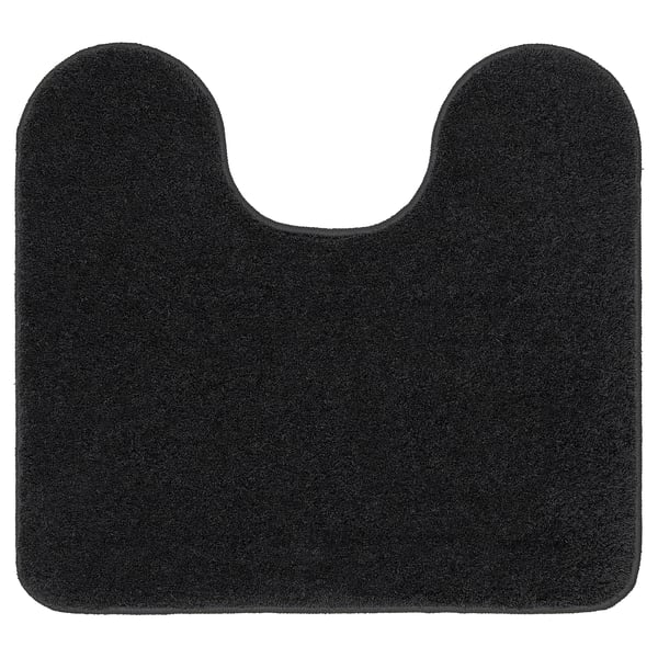 Black BACKMÅRA bath mat, rectangular with u-shaped cutout, made from recycled polyester.