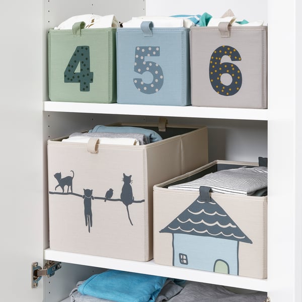 Three shelves with storage boxes, each labelled with numbers 4, 5, 6, cats, and a house for organising items.