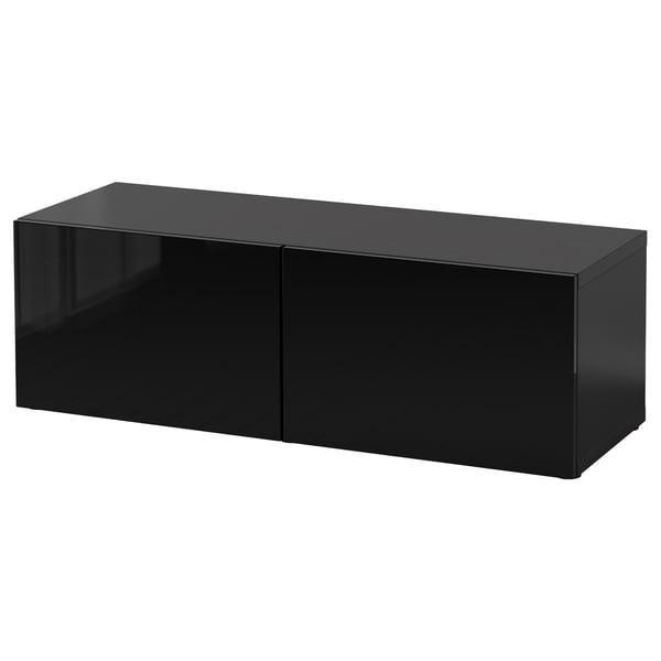 Black BESTÅ tv unit, rectangular, glossy finish, sleek design.