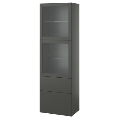 A tall, grey, modern storage cabinet with glass doors and drawers.