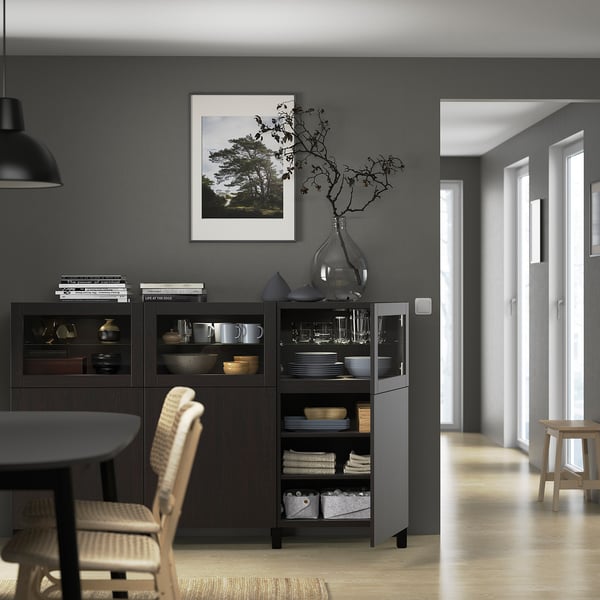 BESTÅ Storage combination with doors, black-brown Lappviken/Sindvik black-brown clear glass, 180x42x112 cm