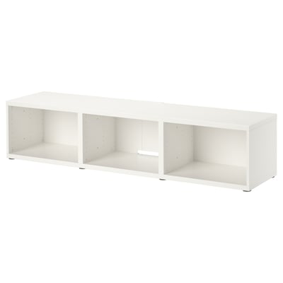 Ikea BESTÅ white low tv unit: minimalist design, 3 open sections, adjustable feet for uneven floors.