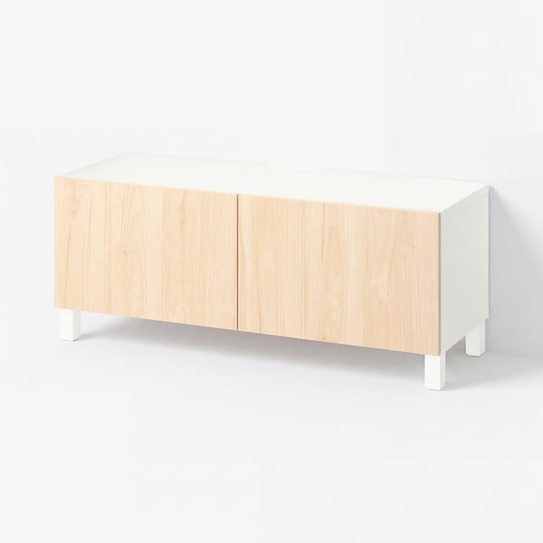 BESTÅ TV bench with doors, white/Fänrik/Stubbarp ash, 120x42x48 cm