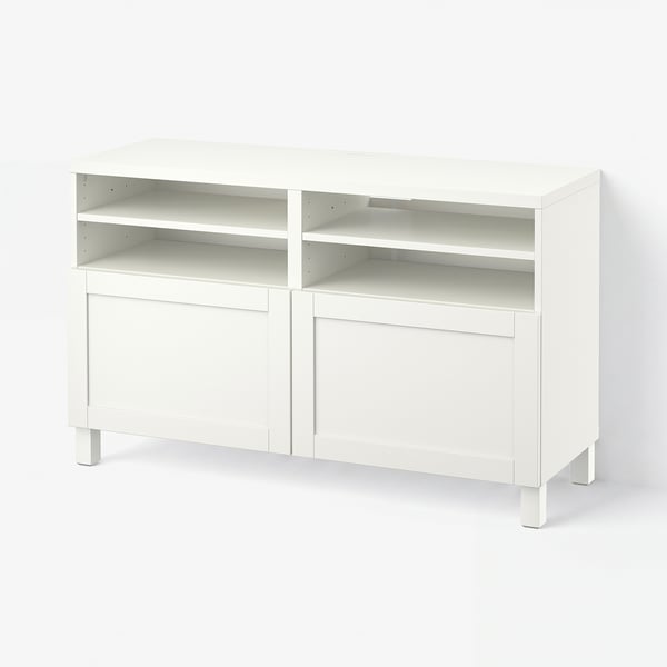 BESTÅ TV bench with doors, white/Hanviken/Stubbarp white, 120x42x74 cm