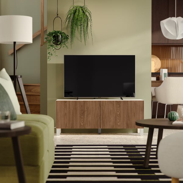 BESTÅ TV bench with doors, white Lappviken/Stubbarp/brown walnut effect, 120x42x48 cm