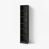 Black BILLY bookcase, six empty shelves, minimalist design.