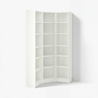 White BILLY corner bookcase, modern design with multiple empty shelves.