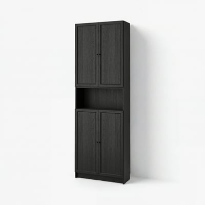 Black BILLY bookcase with closed and open storage, wooden texture, tall rectangular shape, minimalist design.