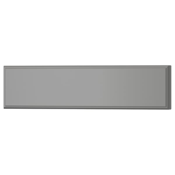 BODBYN grey kitchen cabinets with bevelled panels, smooth lacquered surface.