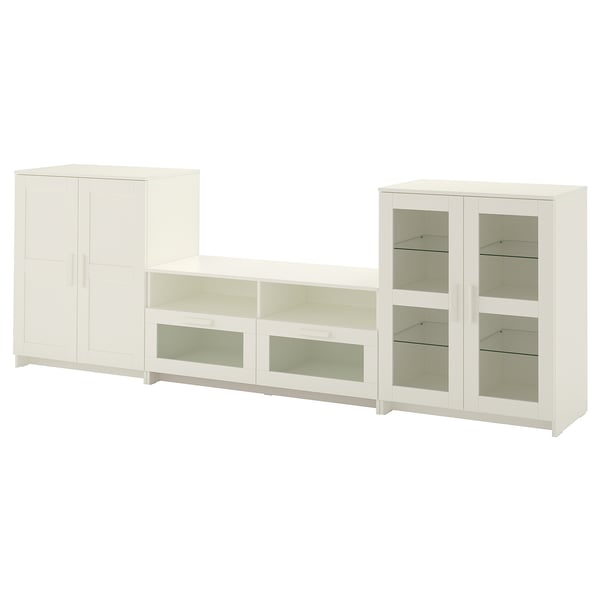 White BRIMNES tv unit with storage, cabinets, drawers, glass doors.