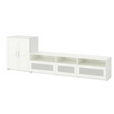 A white BRIMNES combination: a tv bench and a cabinet with doors, offering ample storage for entertainment accessories.