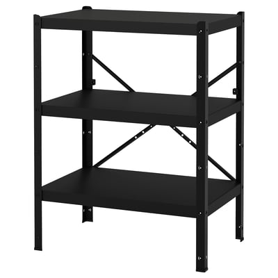 A black BROR shelving unit with three sturdy shelves made of galvanised steel.