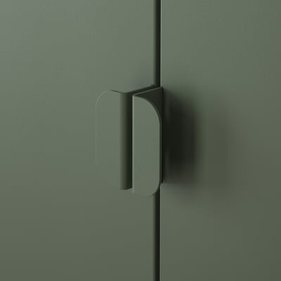 Close-up of durable green metal cabinet handle, showcasing heavy-duty design.