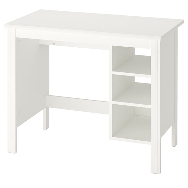 A white BRUSALI desk with adjustable shelves for practical use. Its simple design is suitable for various rooms.