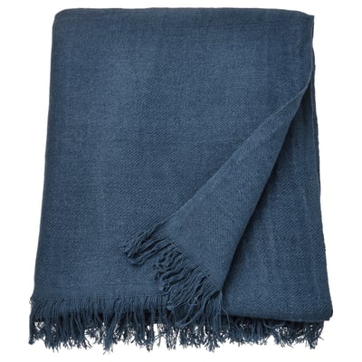 DYTÅG dark blue throw, rectangular with fringed ends, soft linen-cotton blend.
