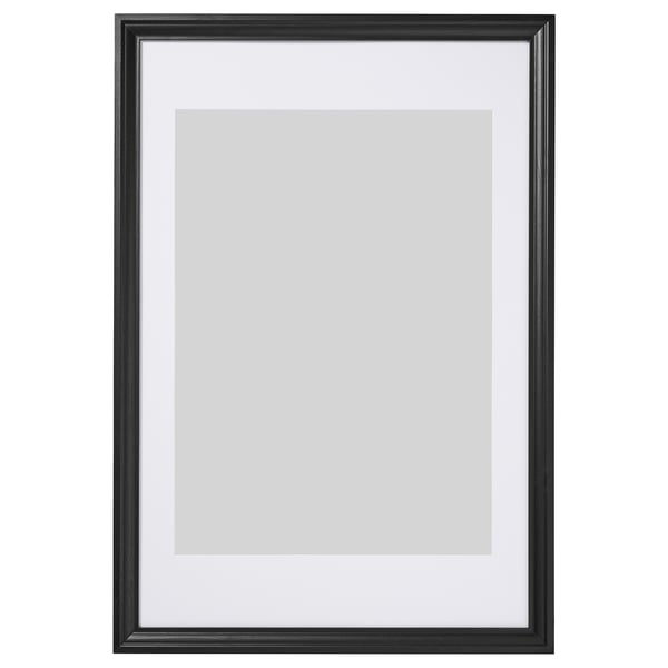 Black picture frame, rectangular shape, sleek design, plastic front protection, can hang vertically or horizontally.