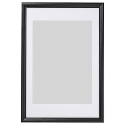 Black picture frame, rectangular shape, sleek design, plastic front protection, can hang vertically or horizontally.