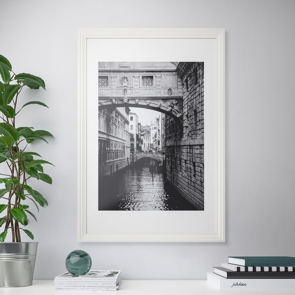 Framed black & white venetian canal with bridge. Plant and decor below.